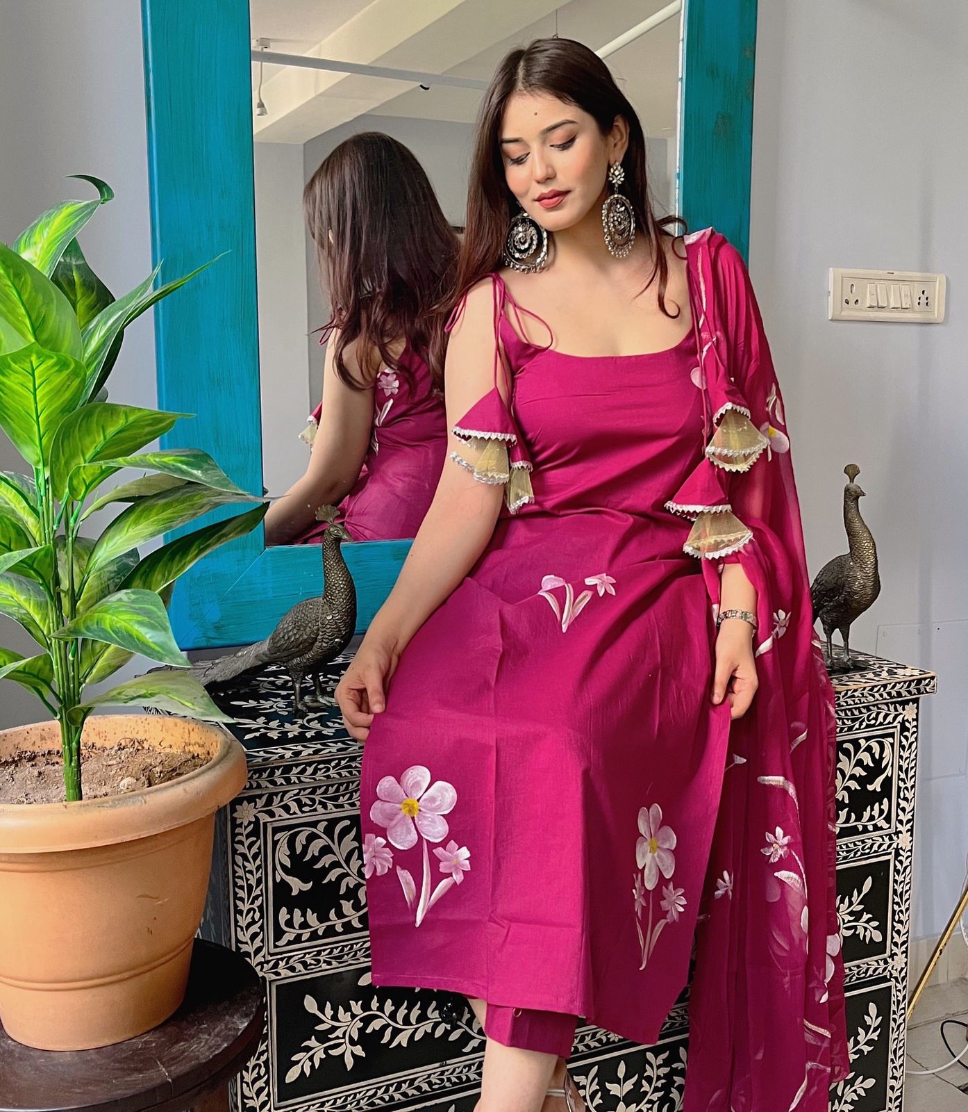 Gorgeous Pink Color Floral Handpainted Georgette Kurta Set With Tassels