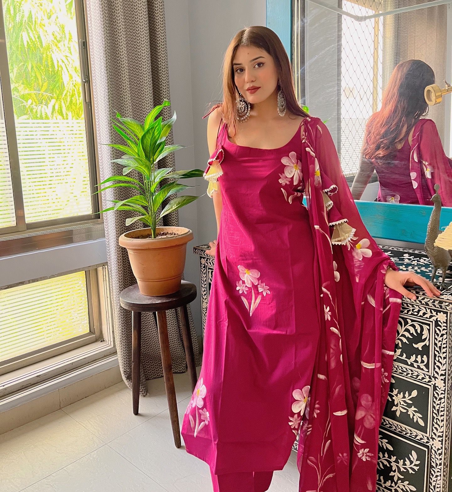 Gorgeous Pink Color Floral Handpainted Georgette Kurta Set With Tassels