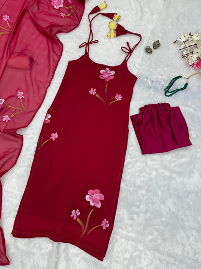 Gorgeous Pink Color Floral Handpainted Georgette Kurta Set With Tassels