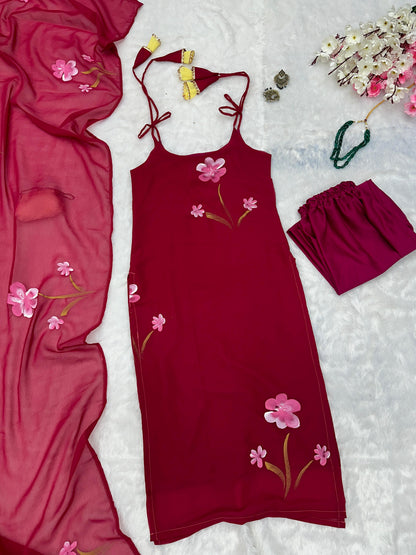 Gorgeous Pink Color Floral Handpainted Georgette Kurta Set With Tassels