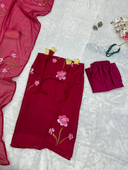 Gorgeous Pink Color Floral Handpainted Georgette Kurta Set With Tassels