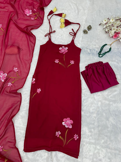 Gorgeous Pink Color Floral Handpainted Georgette Kurta Set With Tassels