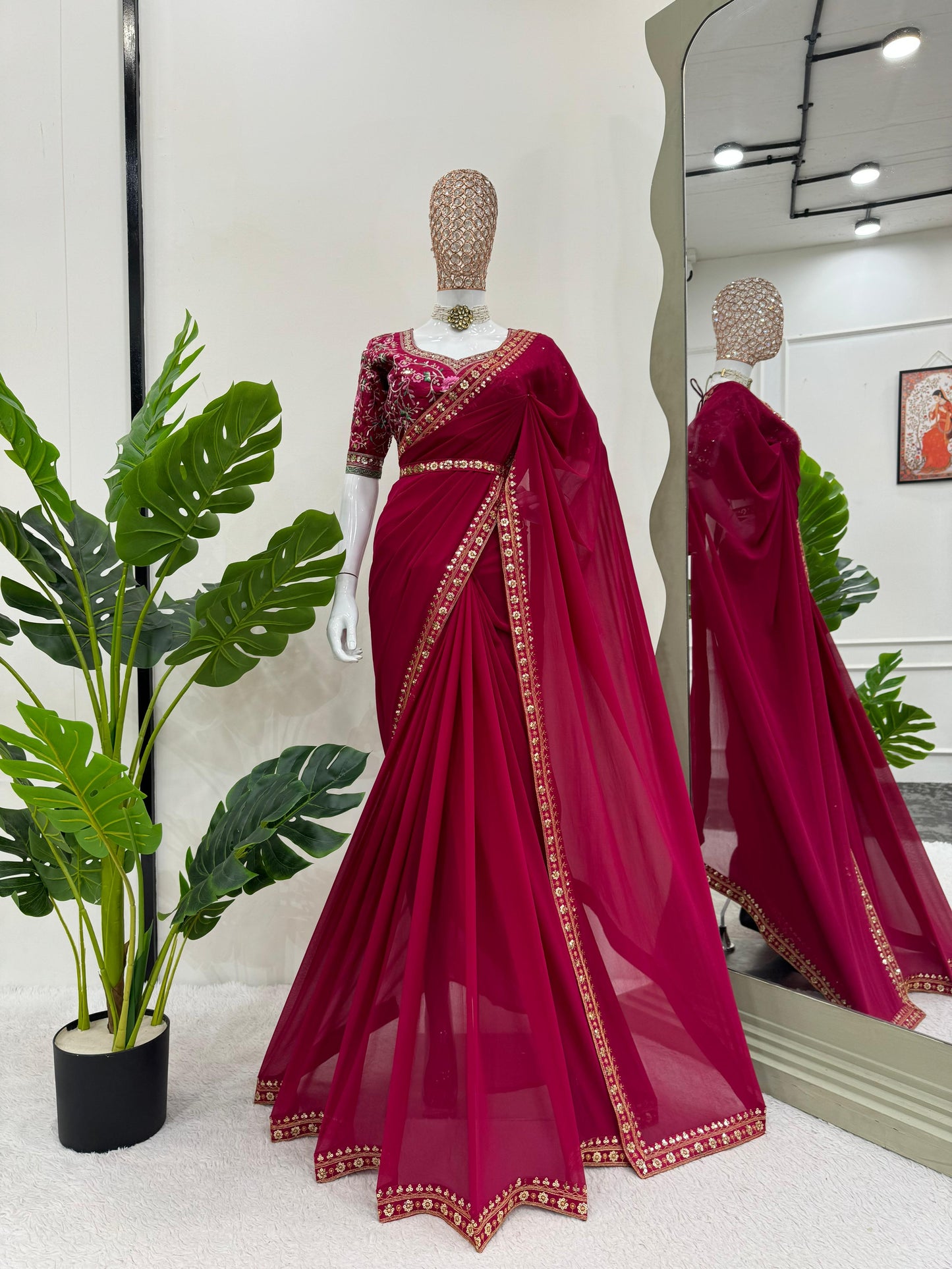 Embellished Maroon Color Faux Georgette Thread And Sequence Work Saree