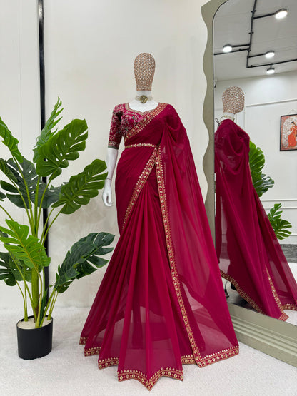 Embellished Maroon Color Faux Georgette Thread And Sequence Work Saree