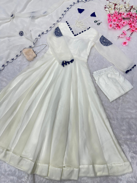 Demanding White Color Georgette Anarkali Embroidery Work Butta With Real Mirror Work Designer Anarkali Suit