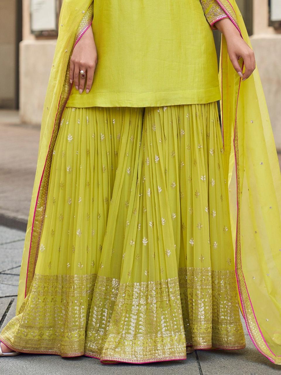 Exclusive Parrot Green Color Faux Georgette With Codding Sequence Embroidery Designer Palazzo Suit