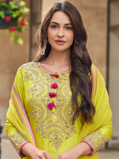 Exclusive Parrot Green Color Faux Georgette With Codding Sequence Embroidery Designer Palazzo Suit