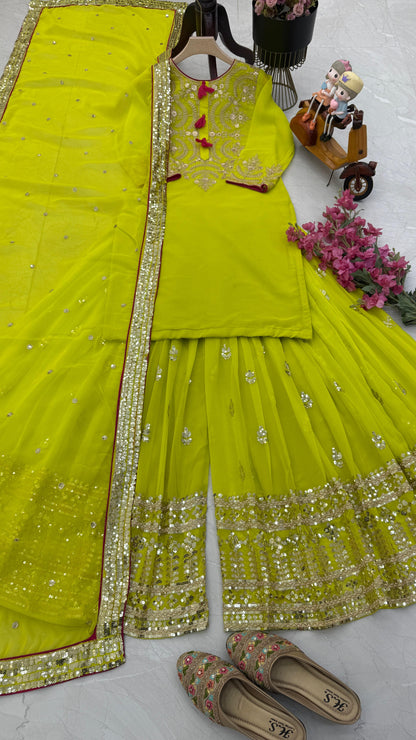 Exclusive Parrot Green Color Faux Georgette With Codding Sequence Embroidery Designer Palazzo Suit