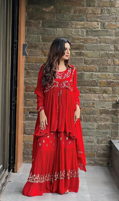 Attractive Red Color Faux Georgette With Thread Work Beautiful Sharara Suit