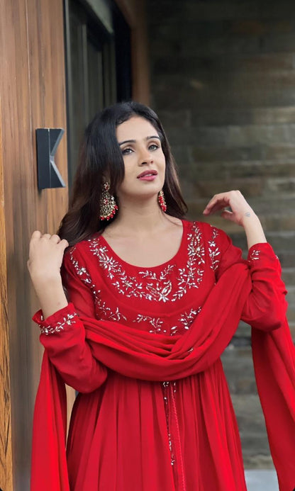 Attractive Red Color Faux Georgette With Thread Work Beautiful Sharara Suit