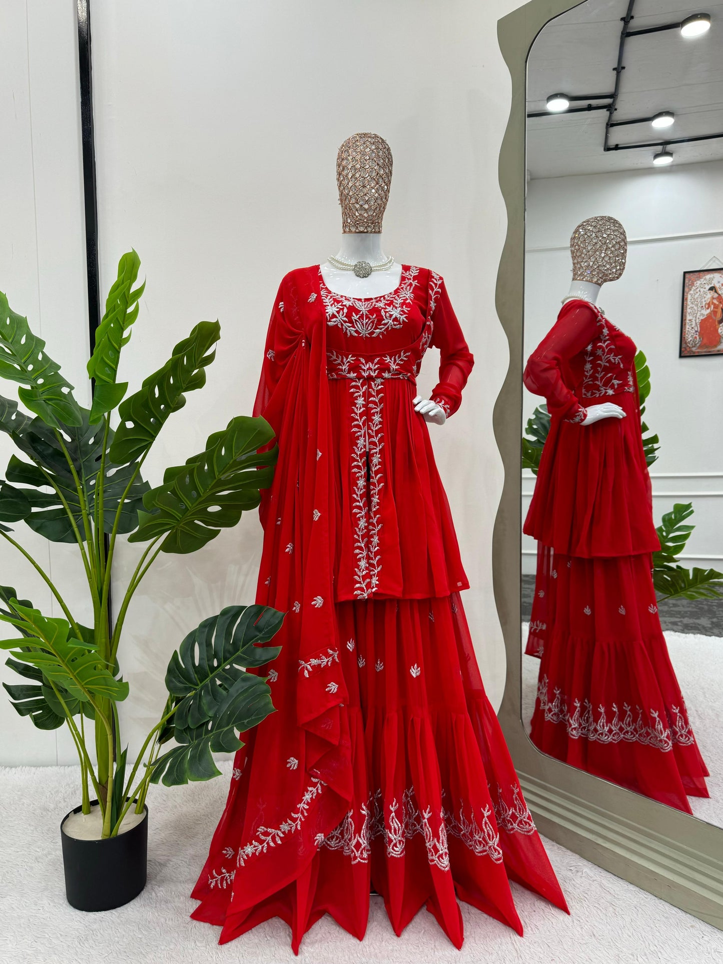 Attractive Red Color Faux Georgette With Thread Work Beautiful Sharara Suit