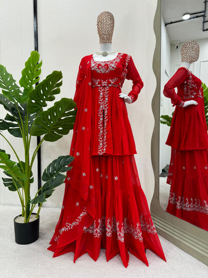 Attractive Red Color Faux Georgette With Thread Work Beautiful Sharara Suit
