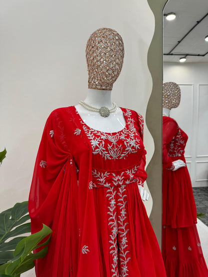 Attractive Red Color Faux Georgette With Thread Work Beautiful Sharara Suit