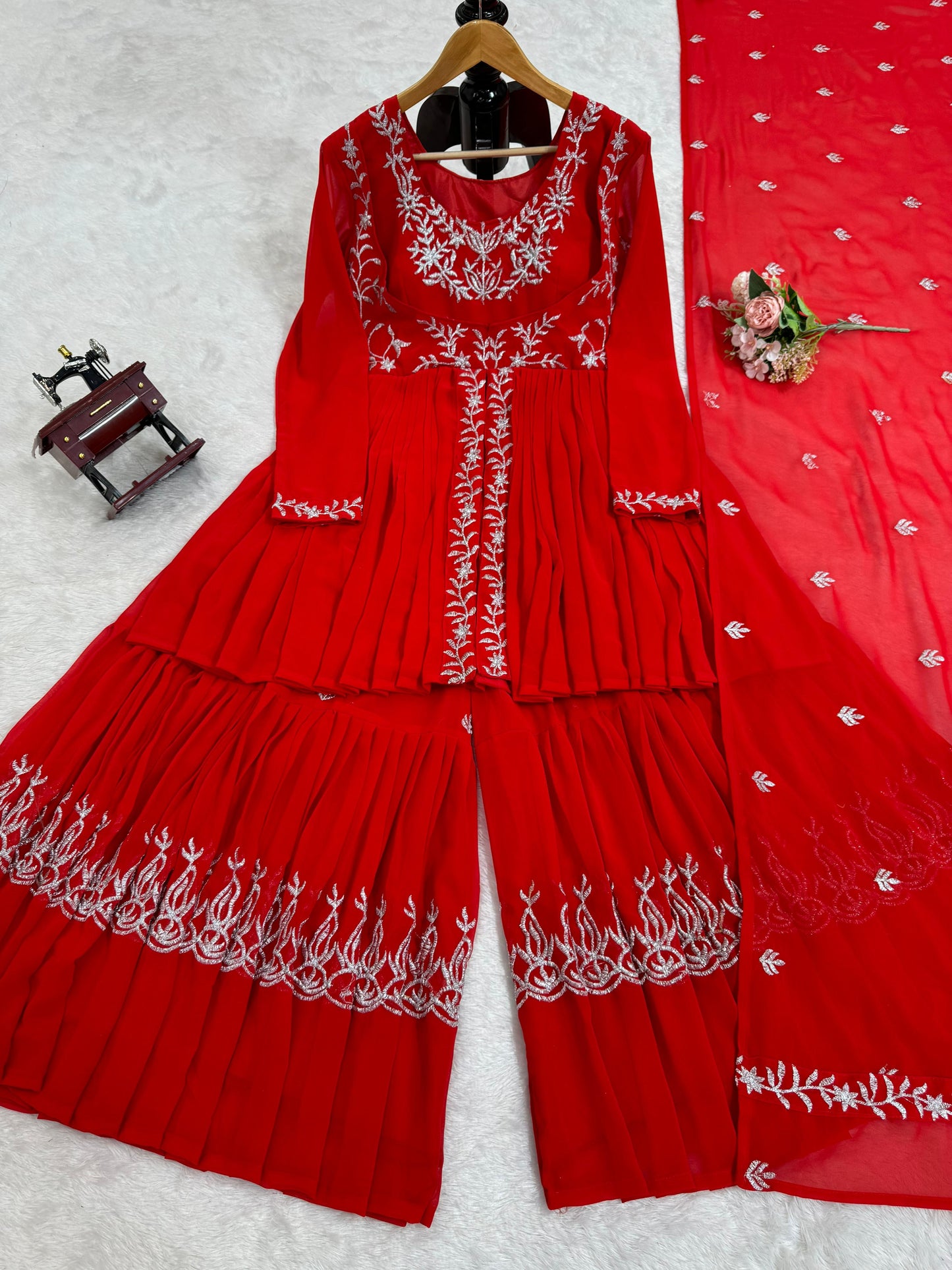 Attractive Red Color Faux Georgette With Thread Work Beautiful Sharara Suit