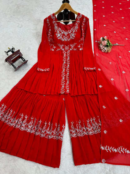 Attractive Red Color Faux Georgette With Thread Work Beautiful Sharara Suit