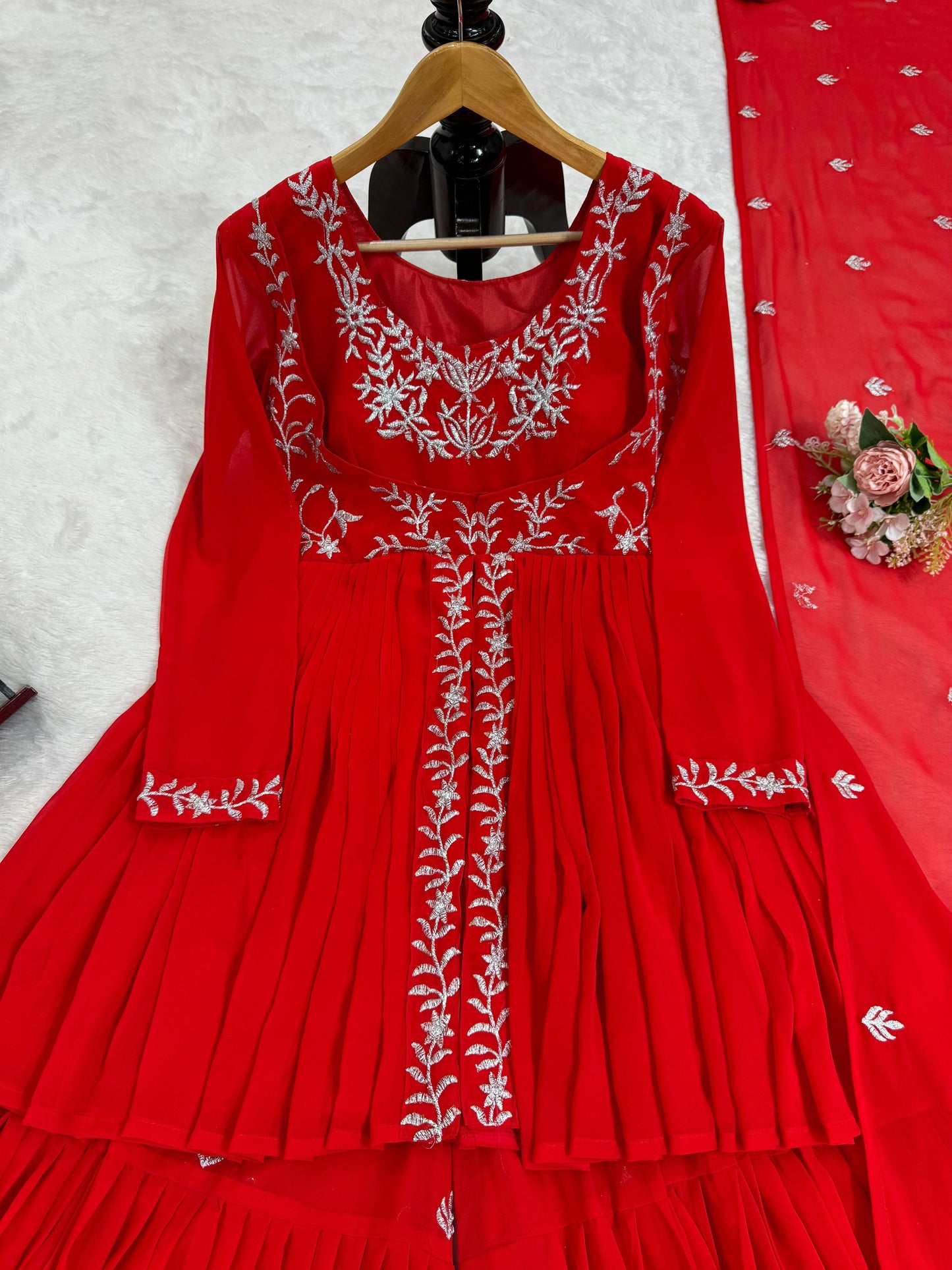 Attractive Red Color Faux Georgette With Thread Work Beautiful Sharara Suit