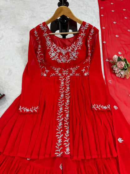 Attractive Red Color Faux Georgette With Thread Work Beautiful Sharara Suit