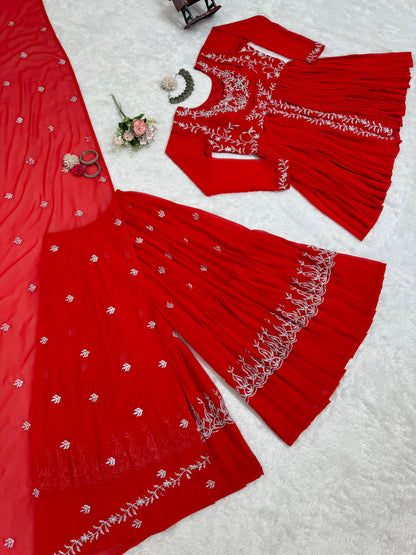 Attractive Red Color Faux Georgette With Thread Work Beautiful Sharara Suit