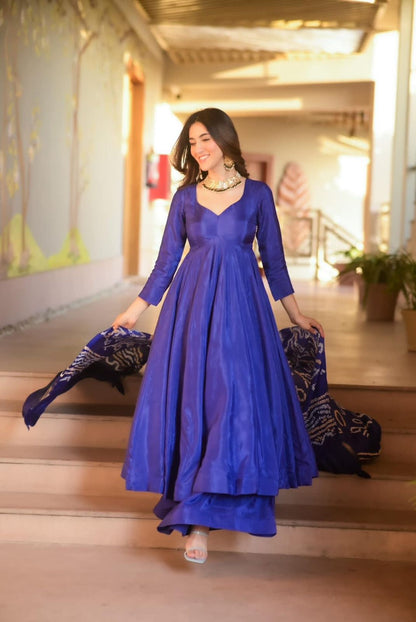 Party Wear Blue Color Designer Chinnon Silk Anarkali Palazzo Suit