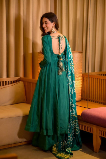 Party Wear Teal Green Color Designer Chinnon Silk Anarkali Palazzo Suit