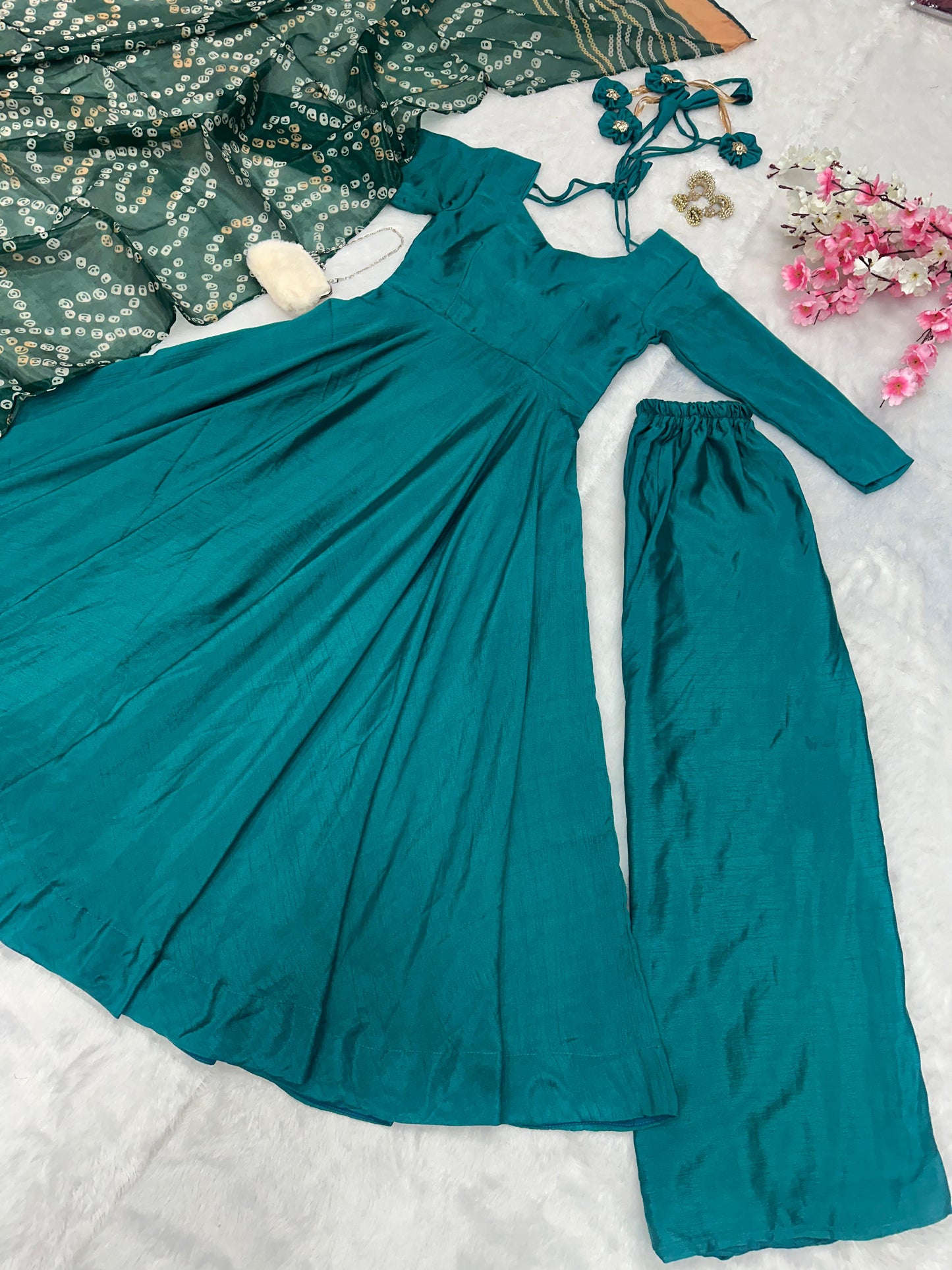 Party Wear Teal Green Color Designer Chinnon Silk Anarkali Palazzo Suit