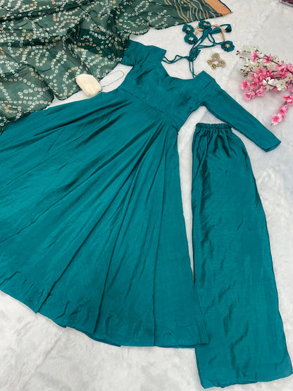 Party Wear Teal Green Color Designer Chinnon Silk Anarkali Palazzo Suit