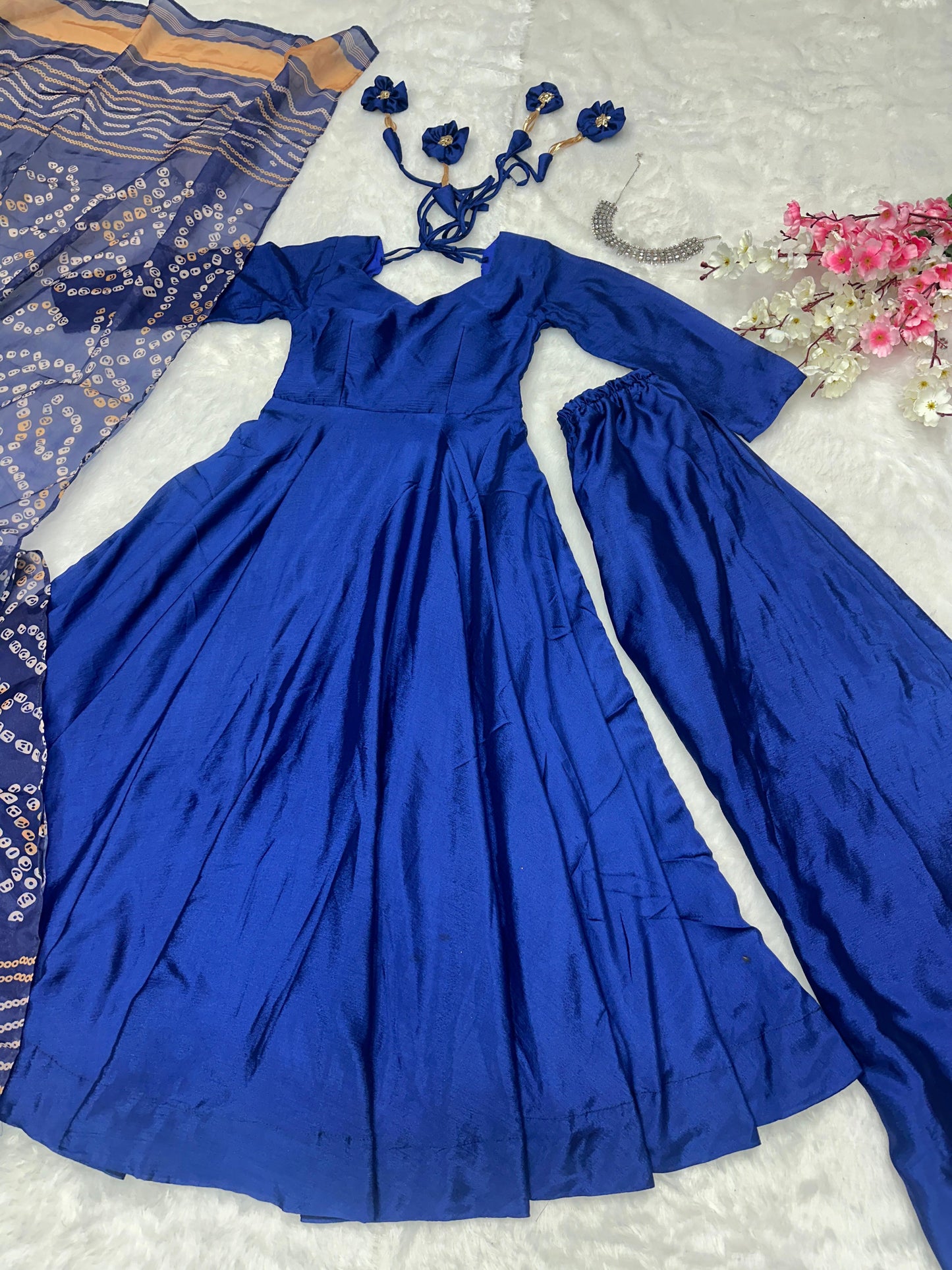 Party Wear Blue Color Designer Chinnon Silk Anarkali Palazzo Suit