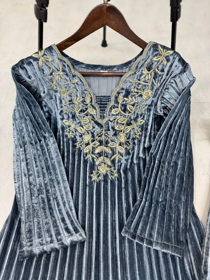 Marvelous Grey Color Blooming Velvet With Embroidery Work On Neck Beautiful Velvet Suit