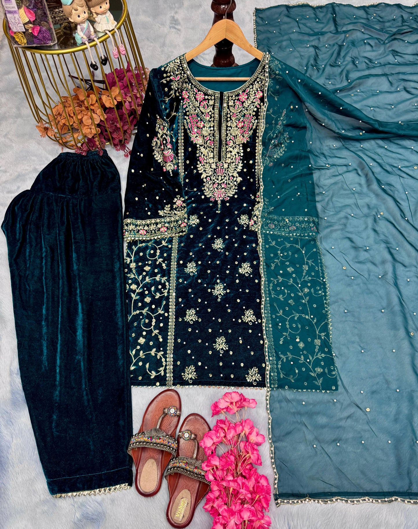 Ceremony Wear Teal Blue Color Heavy Pure Viscose Velvet With Embroidery 5mm Sequence Work Salwar Suit