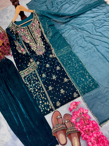 Ceremony Wear Teal Blue Color Heavy Pure Viscose Velvet With Embroidery 5mm Sequence Work Salwar Suit