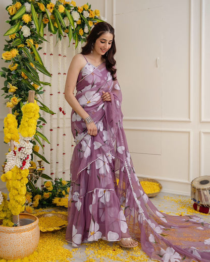 Glorious Lavender Color Georgette Ruffle Stayle Lehnga With Attatched Dupatta Style Pattern Ready To Wear Lehenga Saree