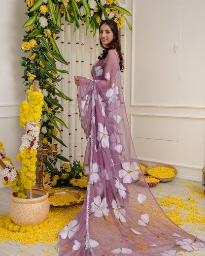 Glorious Lavender Color Georgette Ruffle Stayle Lehnga With Attatched Dupatta Style Pattern Ready To Wear Lehenga Saree