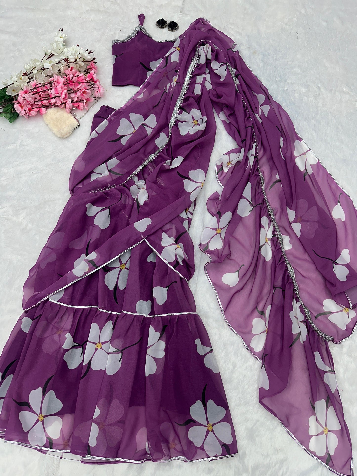 Glorious Lavender Color Georgette Ruffle Stayle Lehnga With Attatched Dupatta Style Pattern Ready To Wear Lehenga Saree