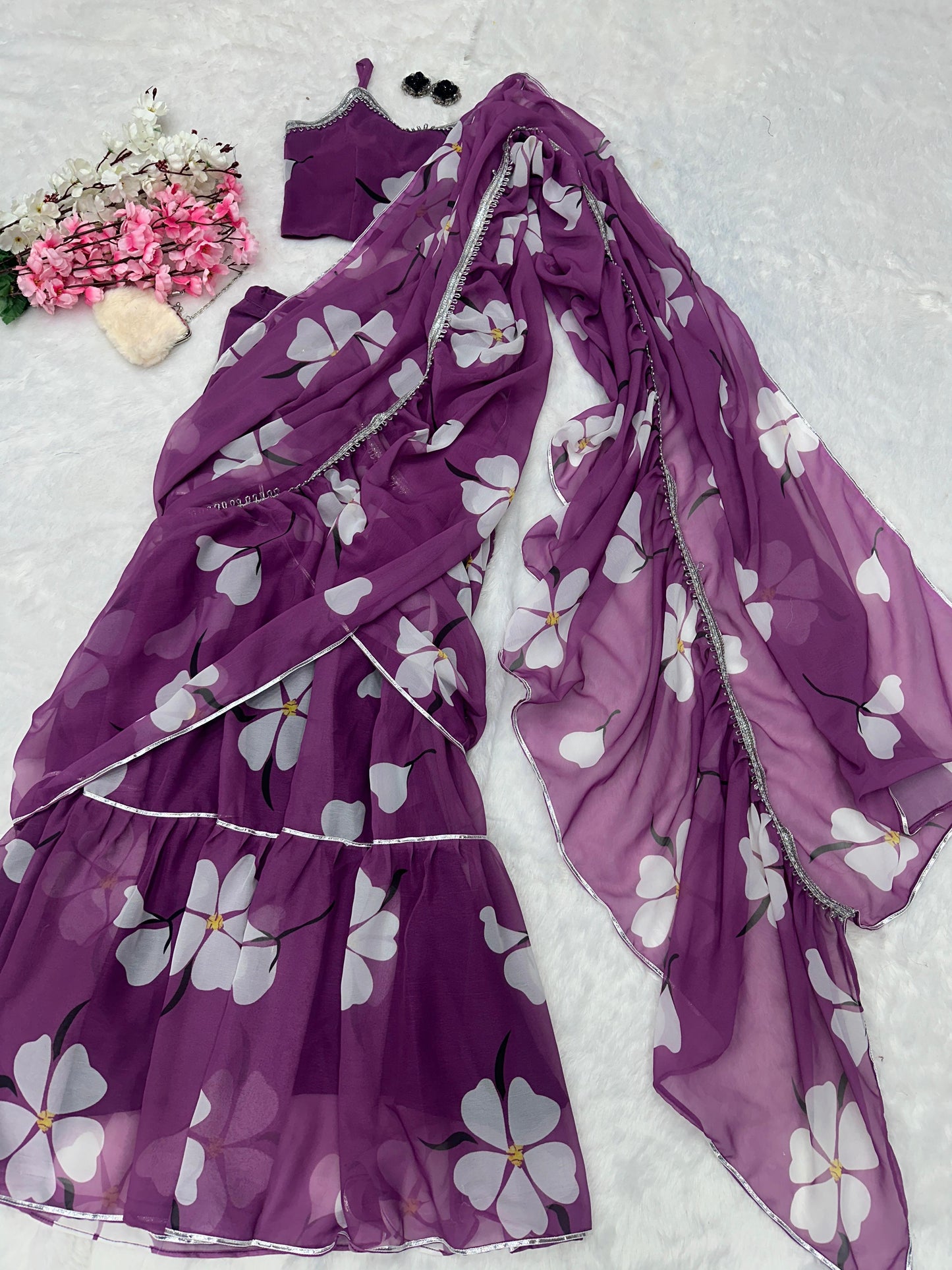 Glorious Lavender Color Georgette Ruffle Stayle Lehnga With Attatched Dupatta Style Pattern Ready To Wear Lehenga Saree