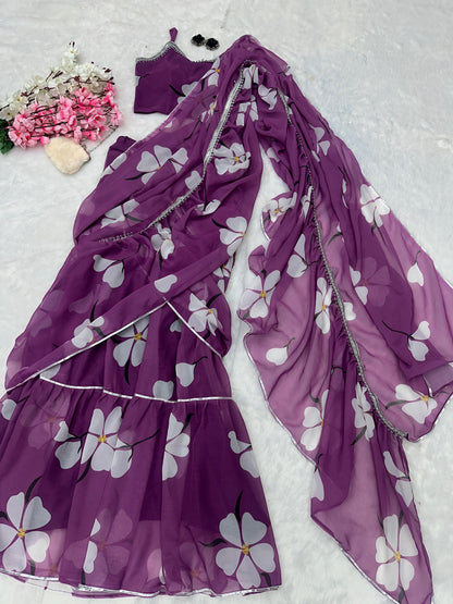 Glorious Lavender Color Georgette Ruffle Stayle Lehnga With Attatched Dupatta Style Pattern Ready To Wear Lehenga Saree