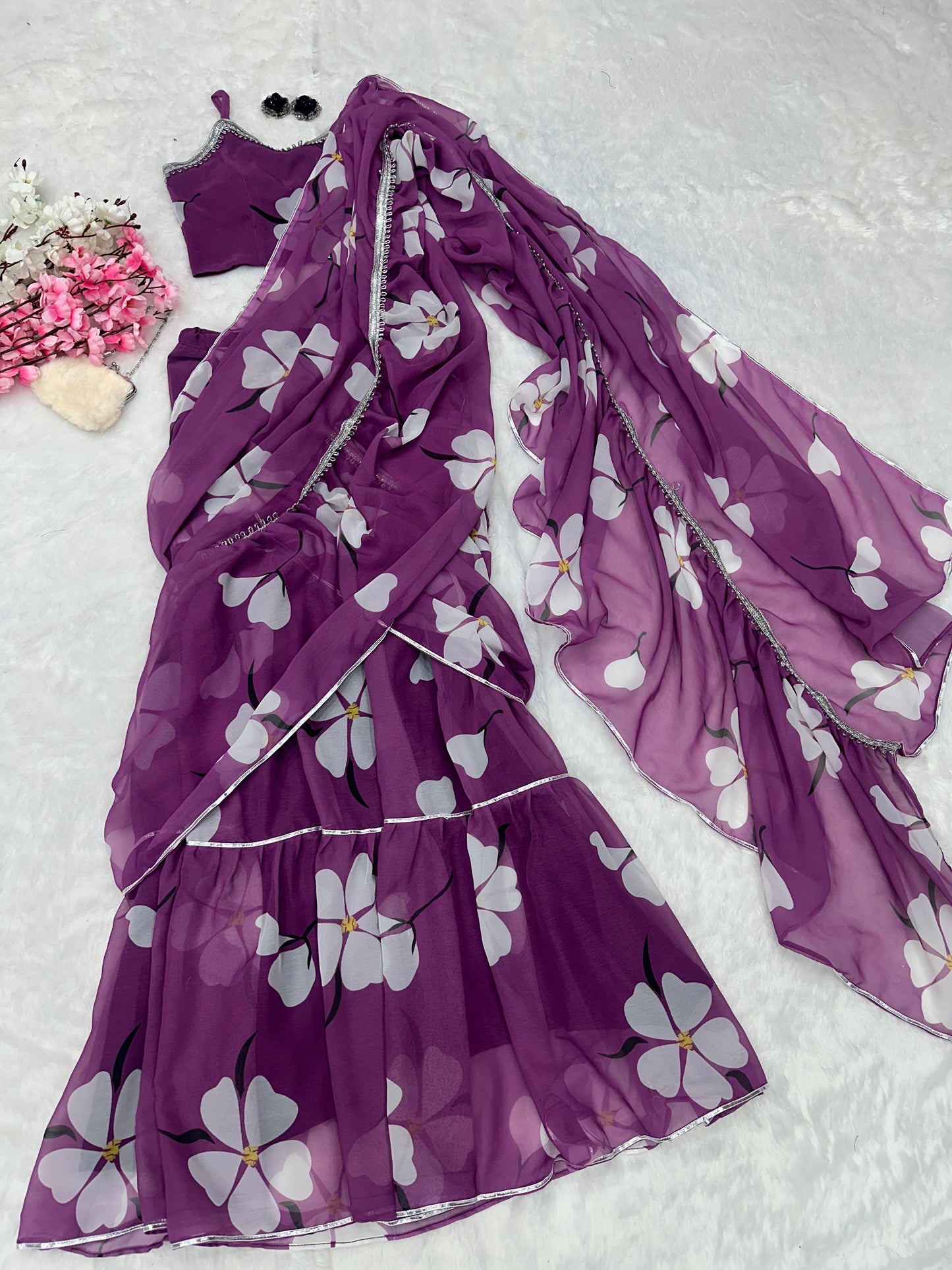 Glorious Lavender Color Georgette Ruffle Stayle Lehnga With Attatched Dupatta Style Pattern Ready To Wear Lehenga Saree