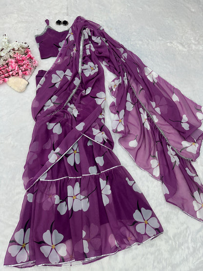 Glorious Lavender Color Georgette Ruffle Stayle Lehnga With Attatched Dupatta Style Pattern Ready To Wear Lehenga Saree