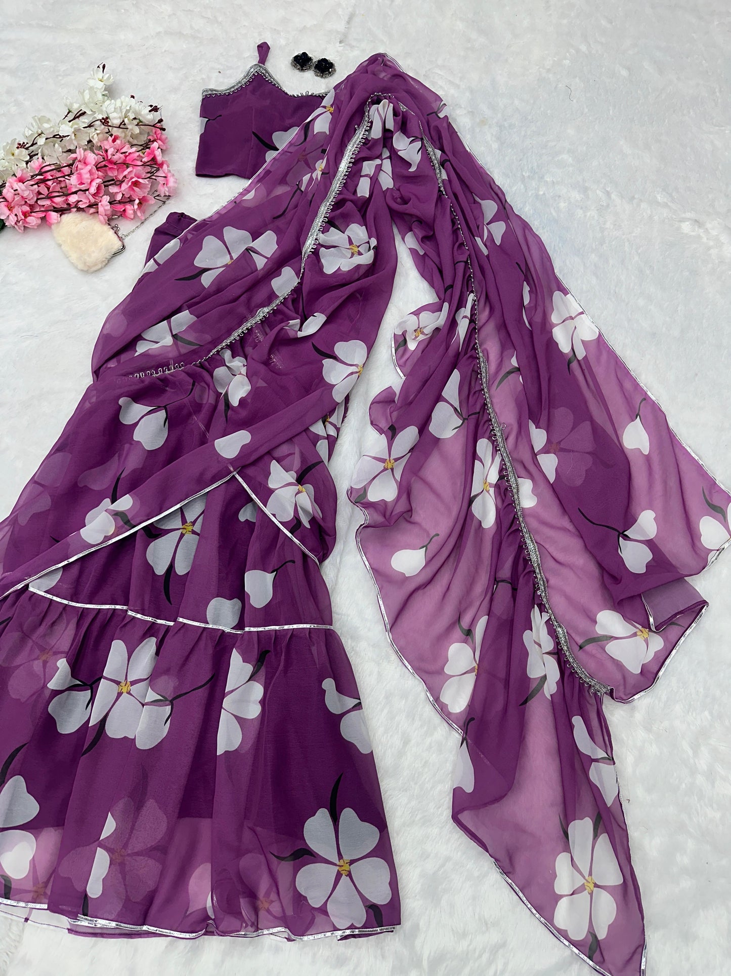 Glorious Lavender Color Georgette Ruffle Stayle Lehnga With Attatched Dupatta Style Pattern Ready To Wear Lehenga Saree