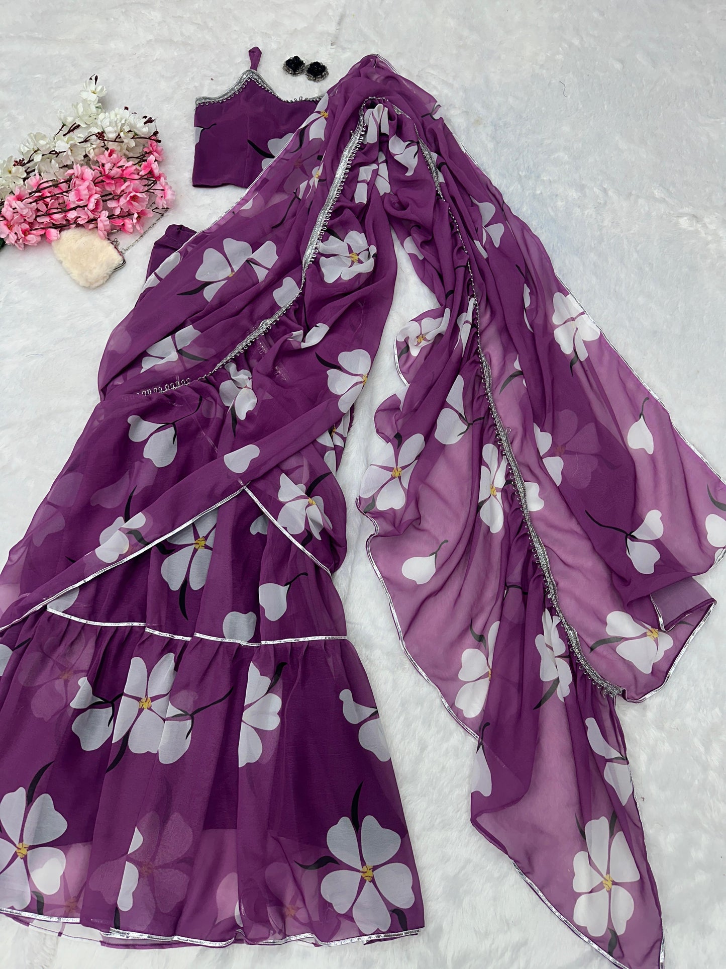 Glorious Lavender Color Georgette Ruffle Stayle Lehnga With Attatched Dupatta Style Pattern Ready To Wear Lehenga Saree