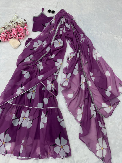 Glorious Lavender Color Georgette Ruffle Stayle Lehnga With Attatched Dupatta Style Pattern Ready To Wear Lehenga Saree