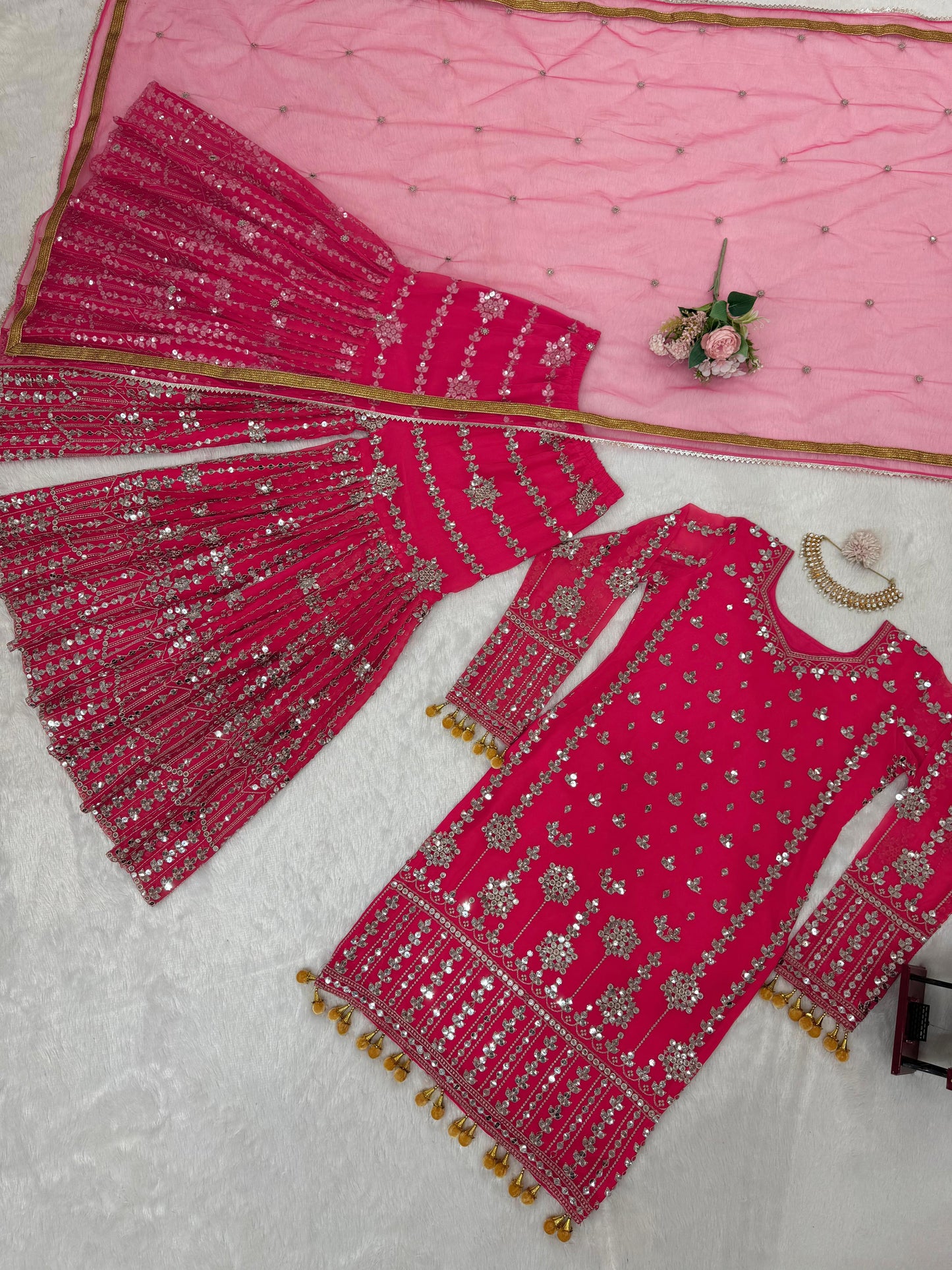 Captivating Pink Color Faux Georgette And Thread With 9mm Sequence Beautiful Sharara Suit
