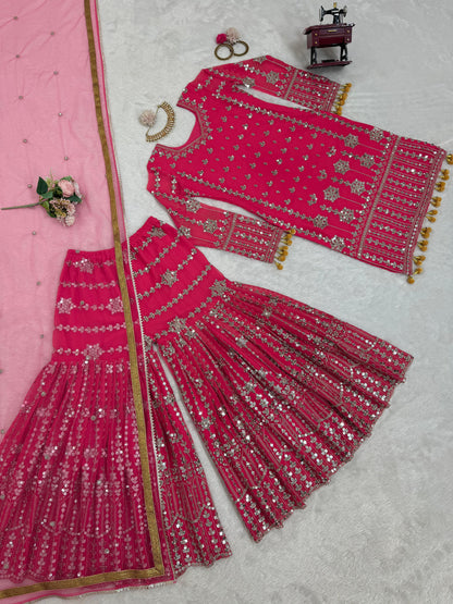 Captivating Pink Color Faux Georgette And Thread With 9mm Sequence Beautiful Sharara Suit