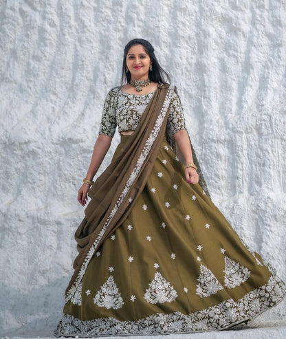 Wedding Wear Mahendi Green Color Chinon With Embroidery Thread Work Designer Lehenga Choli