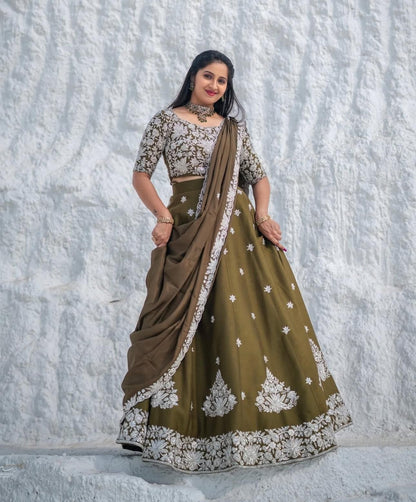 Wedding Wear Mahendi Green Color Chinon With Embroidery Thread Work Designer Lehenga Choli
