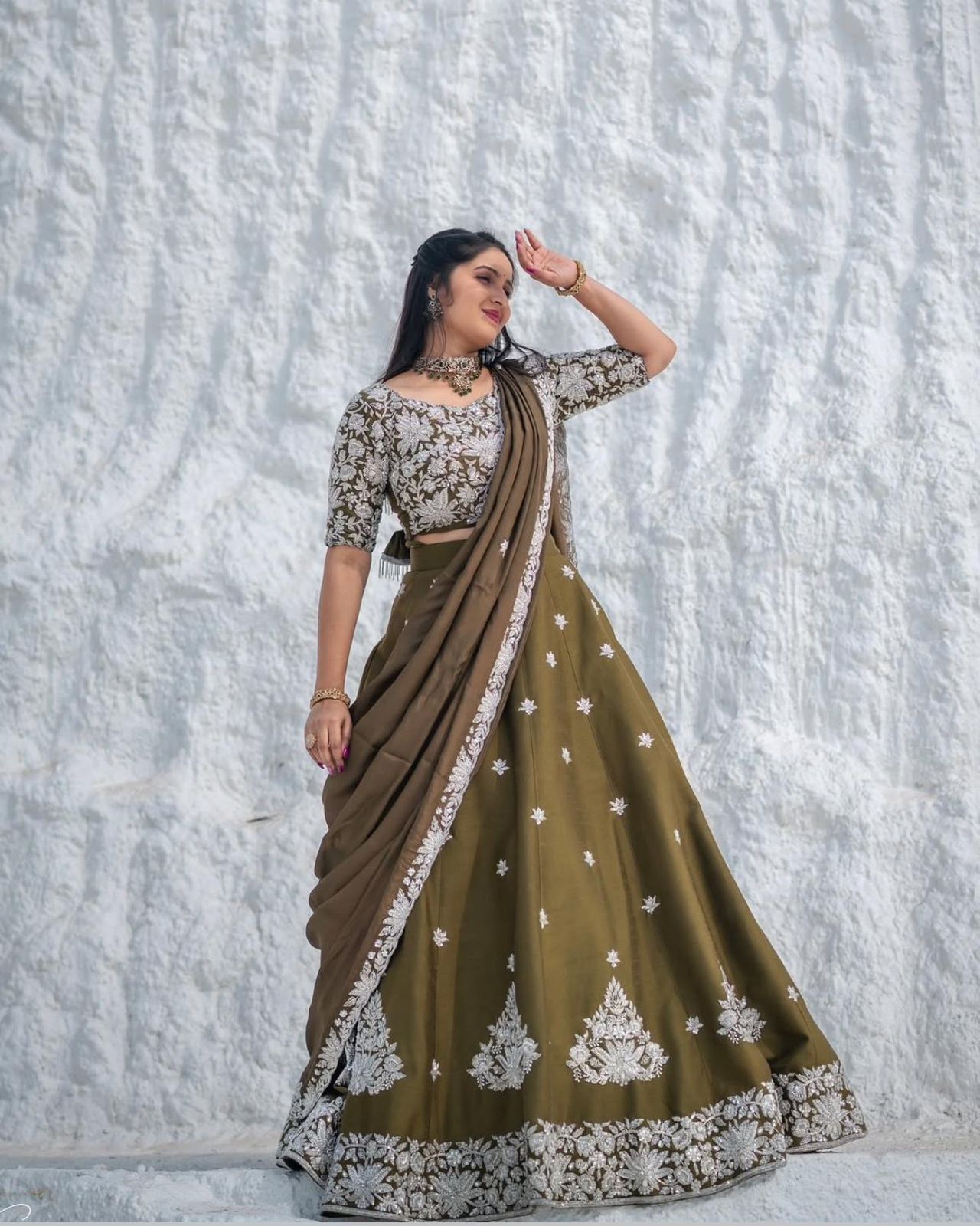 Wedding Wear Mahendi Green Color Chinon With Embroidery Thread Work Designer Lehenga Choli