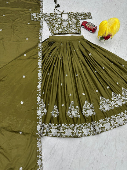 Wedding Wear Mahendi Green Color Chinon With Embroidery Thread Work Designer Lehenga Choli