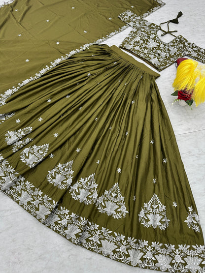 Wedding Wear Mahendi Green Color Chinon With Embroidery Thread Work Designer Lehenga Choli