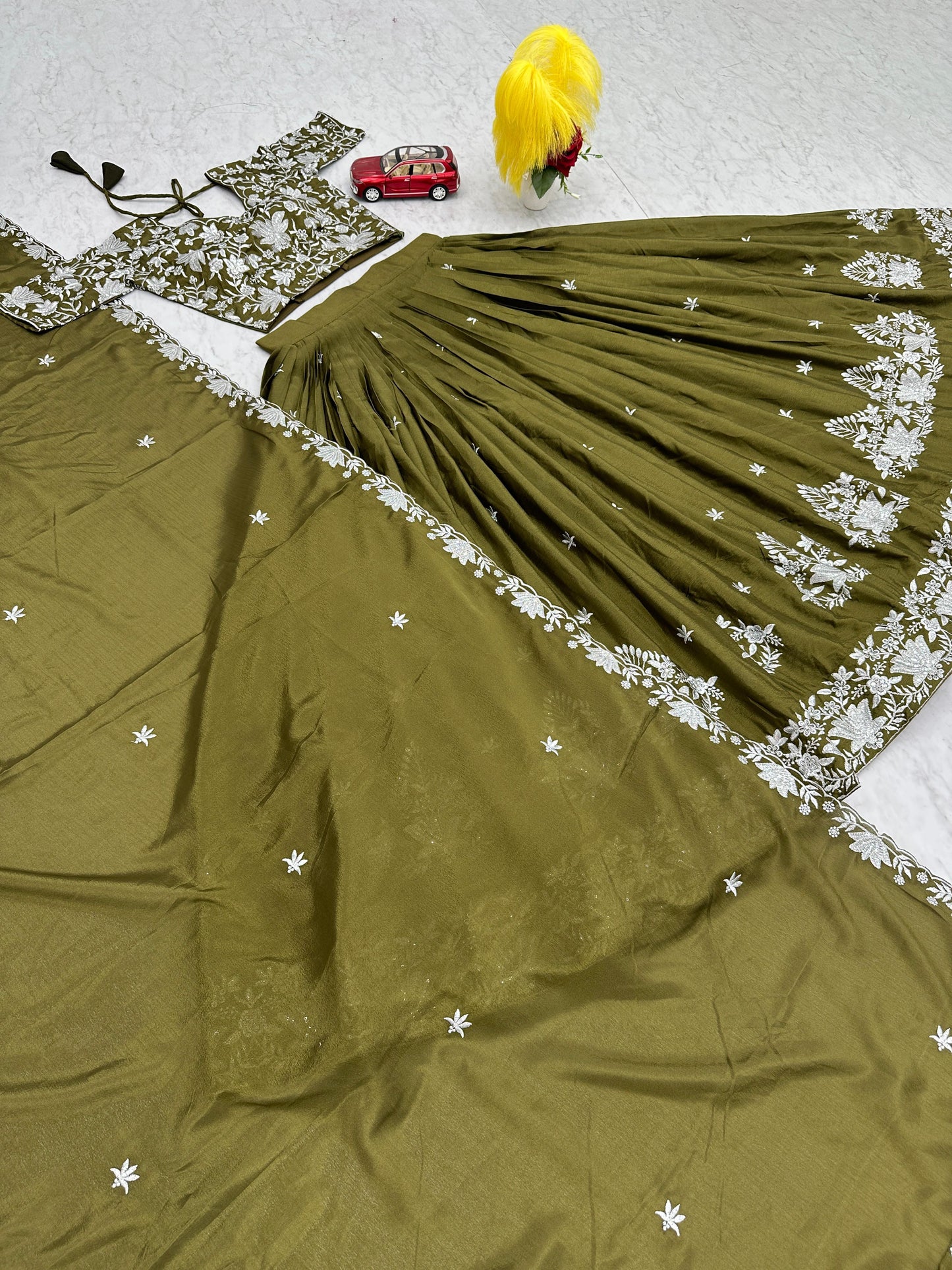 Wedding Wear Mahendi Green Color Chinon With Embroidery Thread Work Designer Lehenga Choli