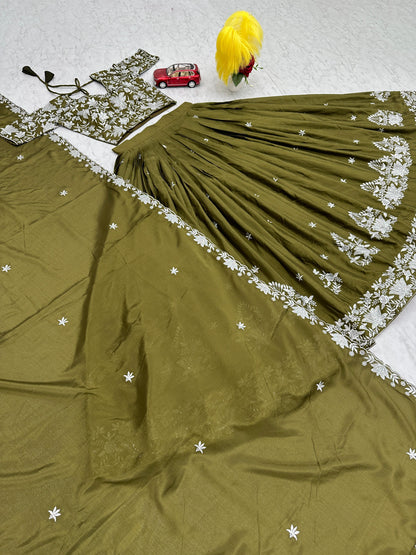 Wedding Wear Mahendi Green Color Chinon With Embroidery Thread Work Designer Lehenga Choli