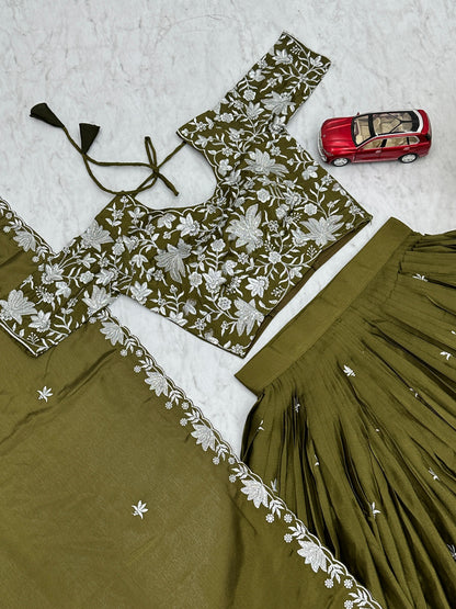 Wedding Wear Mahendi Green Color Chinon With Embroidery Thread Work Designer Lehenga Choli